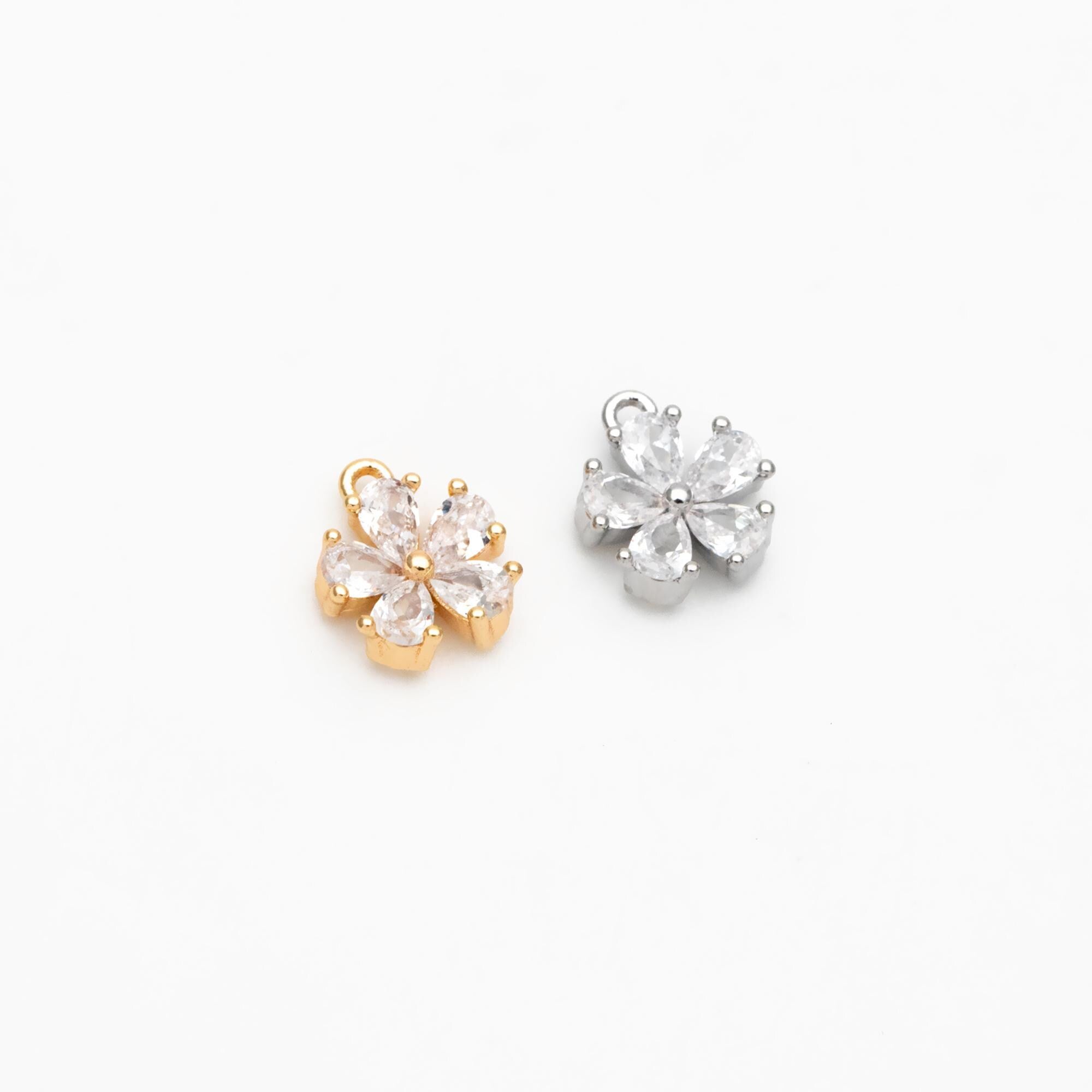 10pcs CZ Pave Gold/ Silver Tone Flower Charms 8x7mm, Real Gold/ Rhodium plated Brass, Dainty Earring Charms (GB-1762-H)